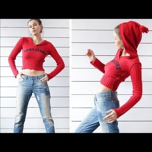 DKNY Jeans Red Knit Hoodie Crop Sweater